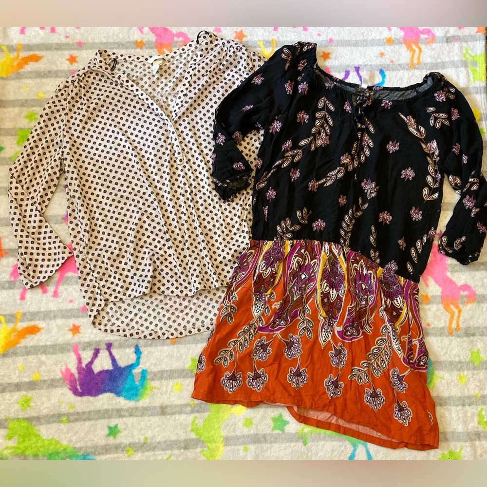 ◼️Lot of 2 Boho Shirts, size L H&M Blouse & Xhilaration Floral Peasant Top